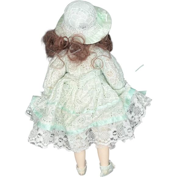 Porcelain Girl Doll in Mint Green Lace Dress with Wide Brim Hat - Picture 2 of 8